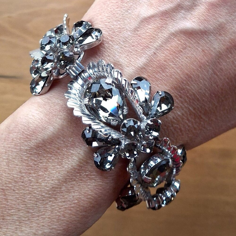 Vintage Silver Tone Mid Century Bracelet with Large Smokey Rhinestones